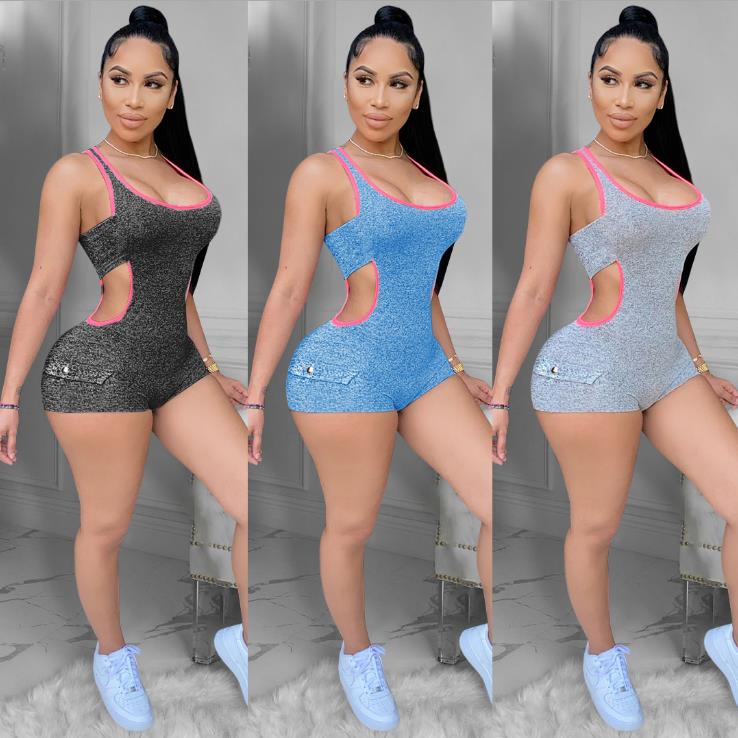 Womens spring and summer hollow solid color casual jumpsuit AT5123