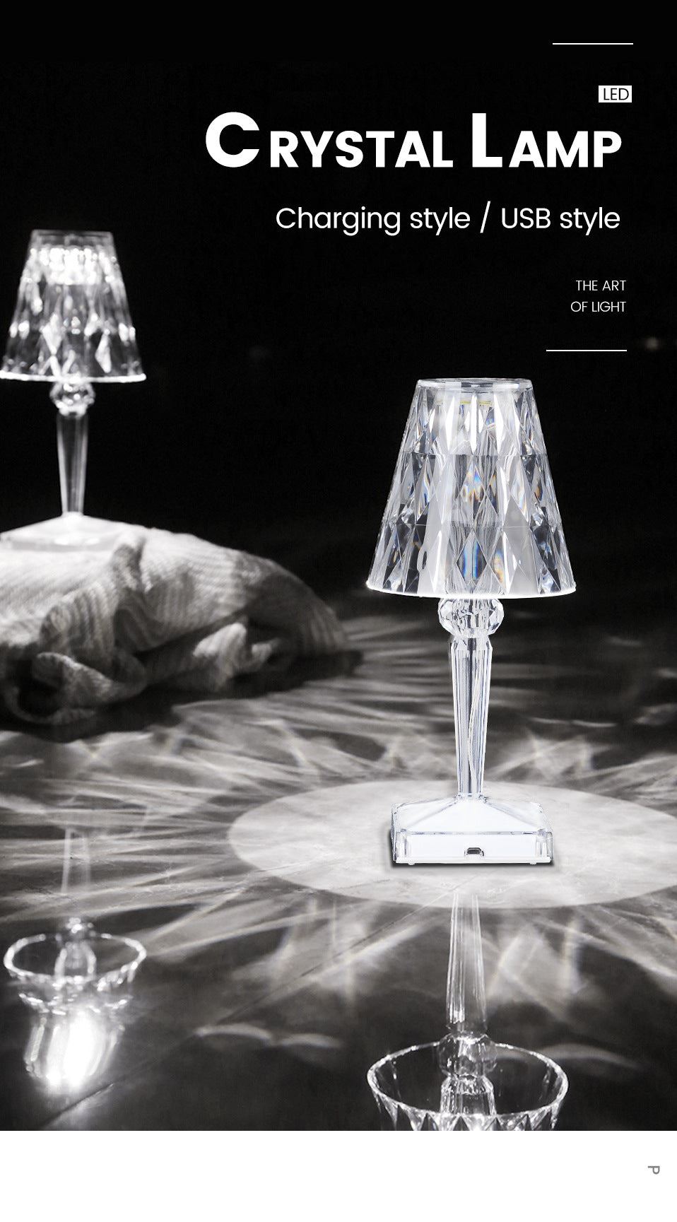 Crystal Table Lamp Diamond Acrylic LED USB Dimmable Bedroom Bedside Light Desk Night Lamp
