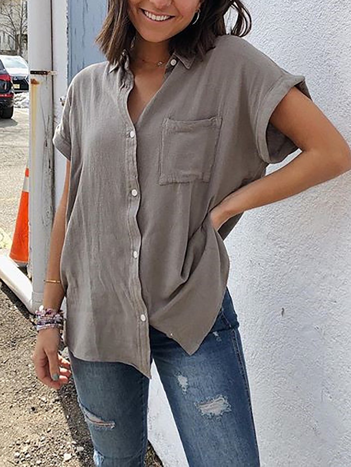 Short Sleeve Buttoned Down Pockets Plus Size Shirts