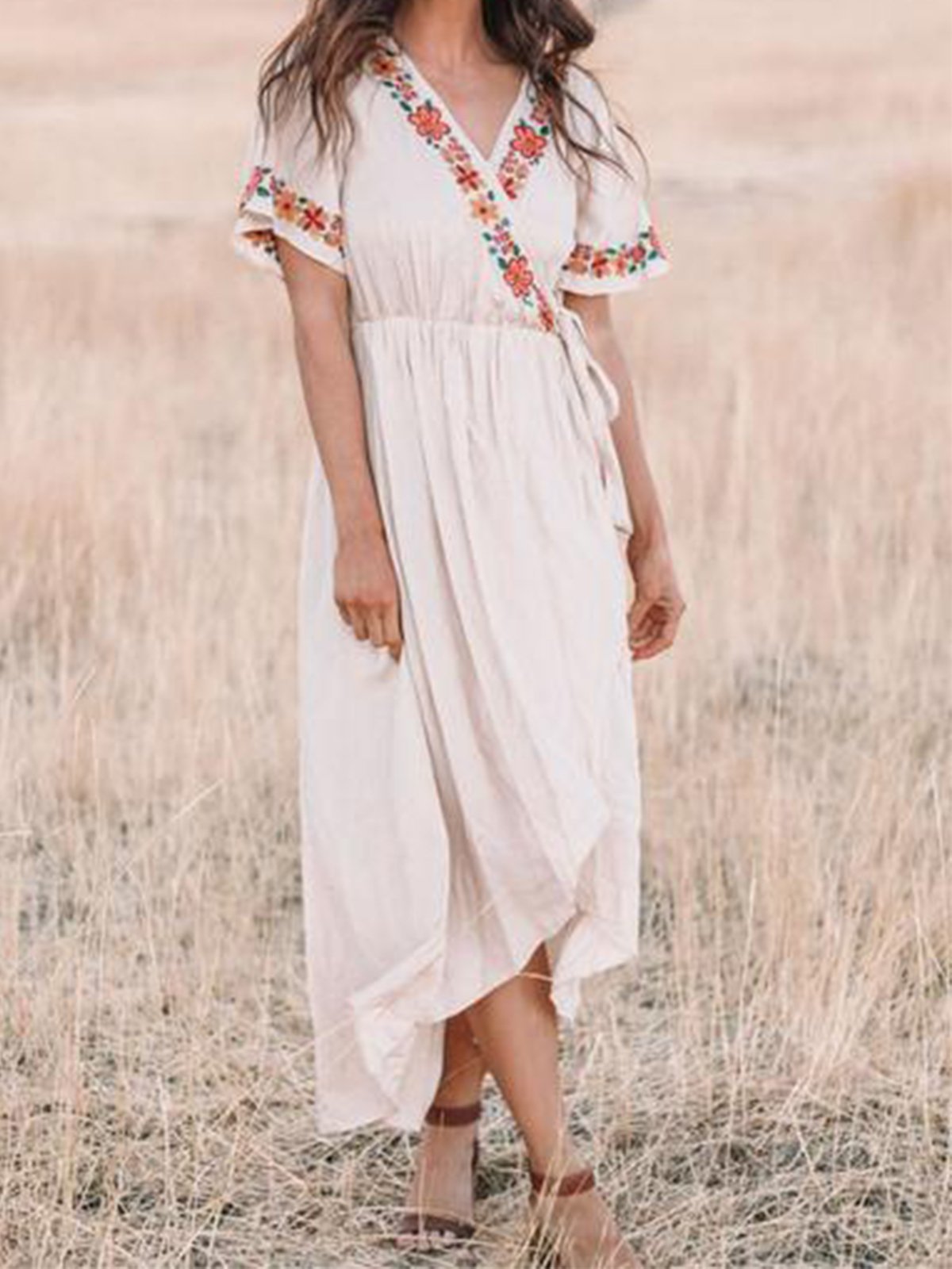 Boho Short Sleeve V Neck Cotton-Blend Dresses