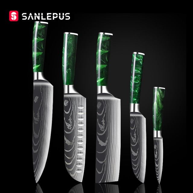 1-10 Pcs Chef Knife Set Kitchen Knives Laser Damascus Pattern Sharp Japanese Santoku Knife