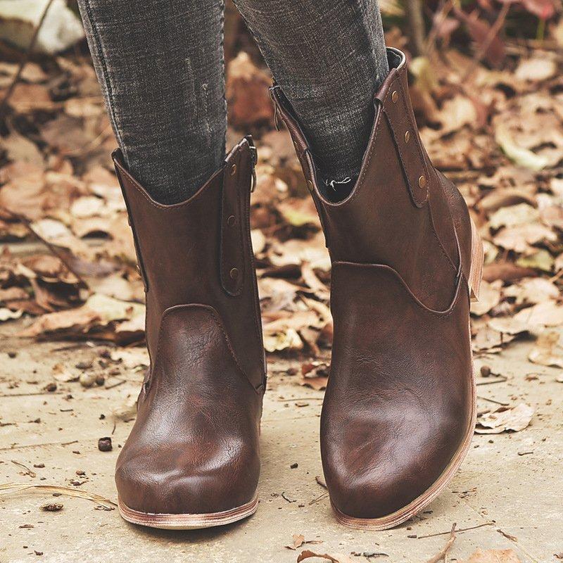 Low Heel Rivet Vintage Pu Mid-Calf Zipper Boots