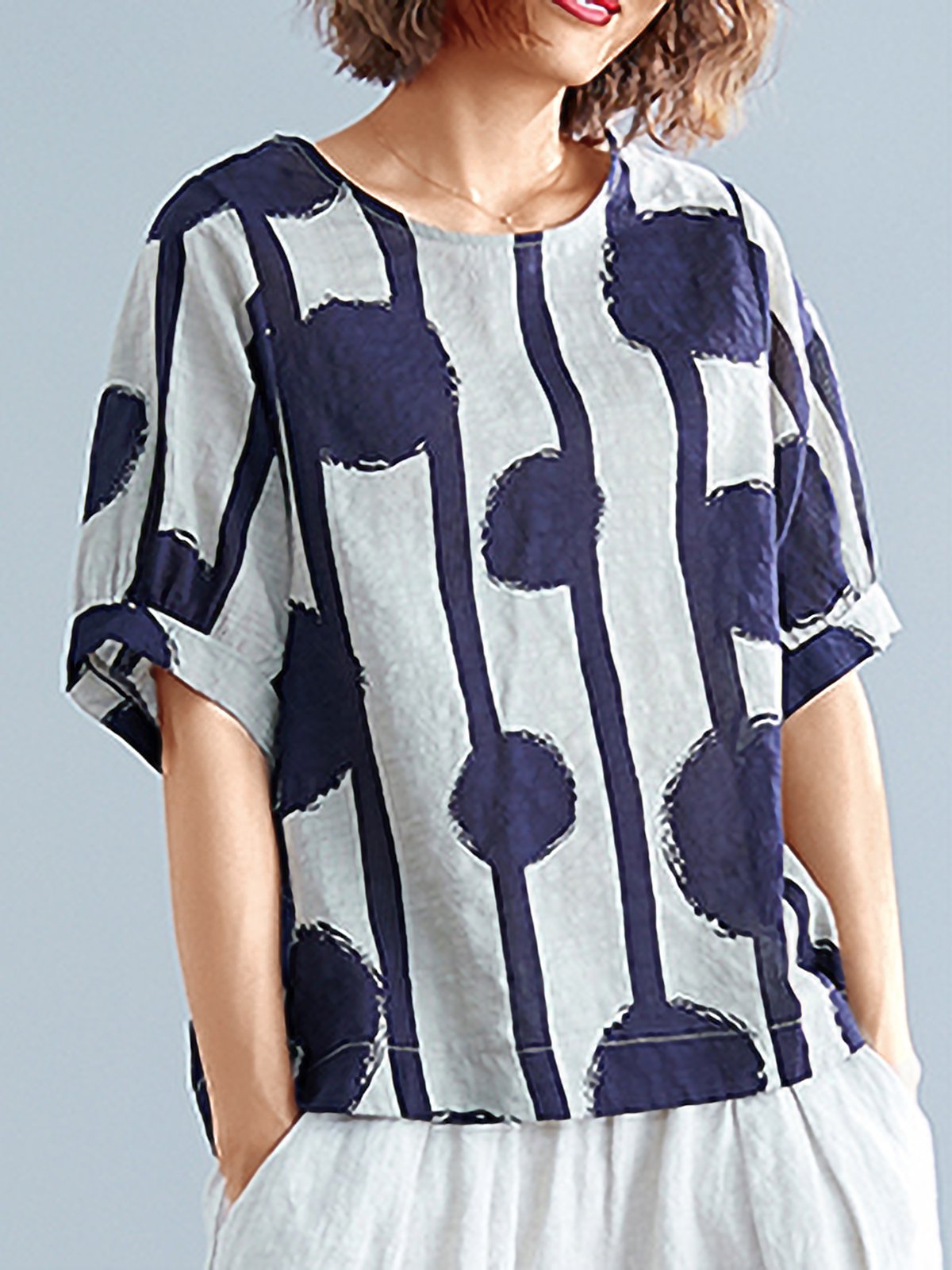 Plus Size Women Short Sleeve Round Neck Vintage Striped Polka Dots Floral Casual Tops