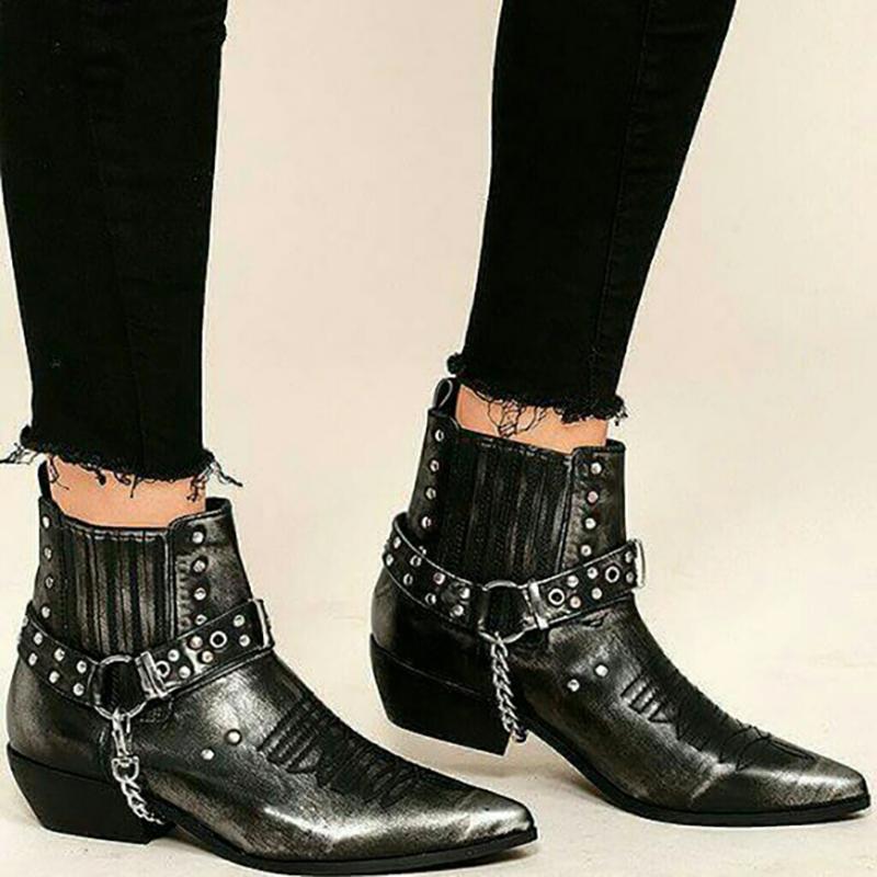 Black Rivet Fall Casual Chunky Heel Pu Boots