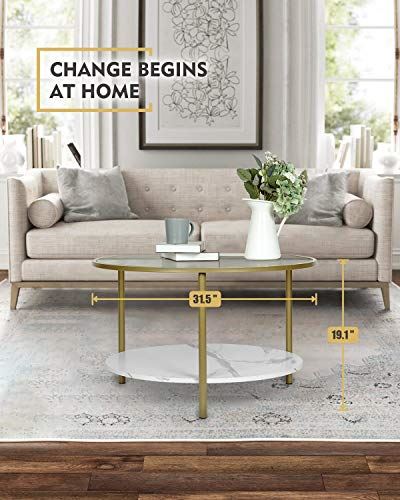 Modern Round Coffee Table Tempered Glass Accent w/ Unique Gold Metal Frame