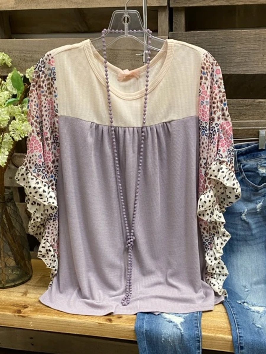 Gray Frill Sleeve Crew Neck Cotton-Blend Shirt & Top