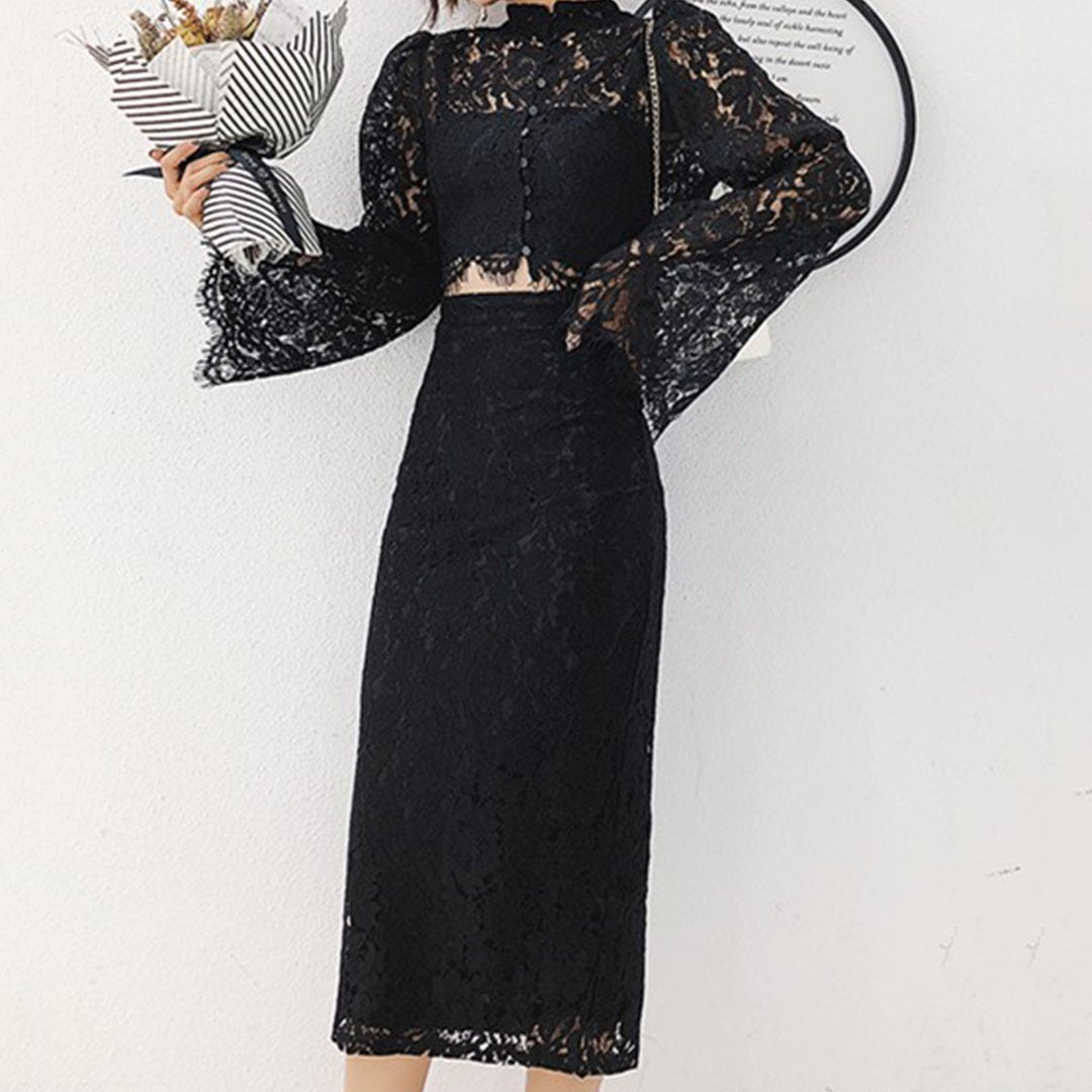 Casual Sexy Horn Sleeve Jacket And Half Length Skirt Lace Suit