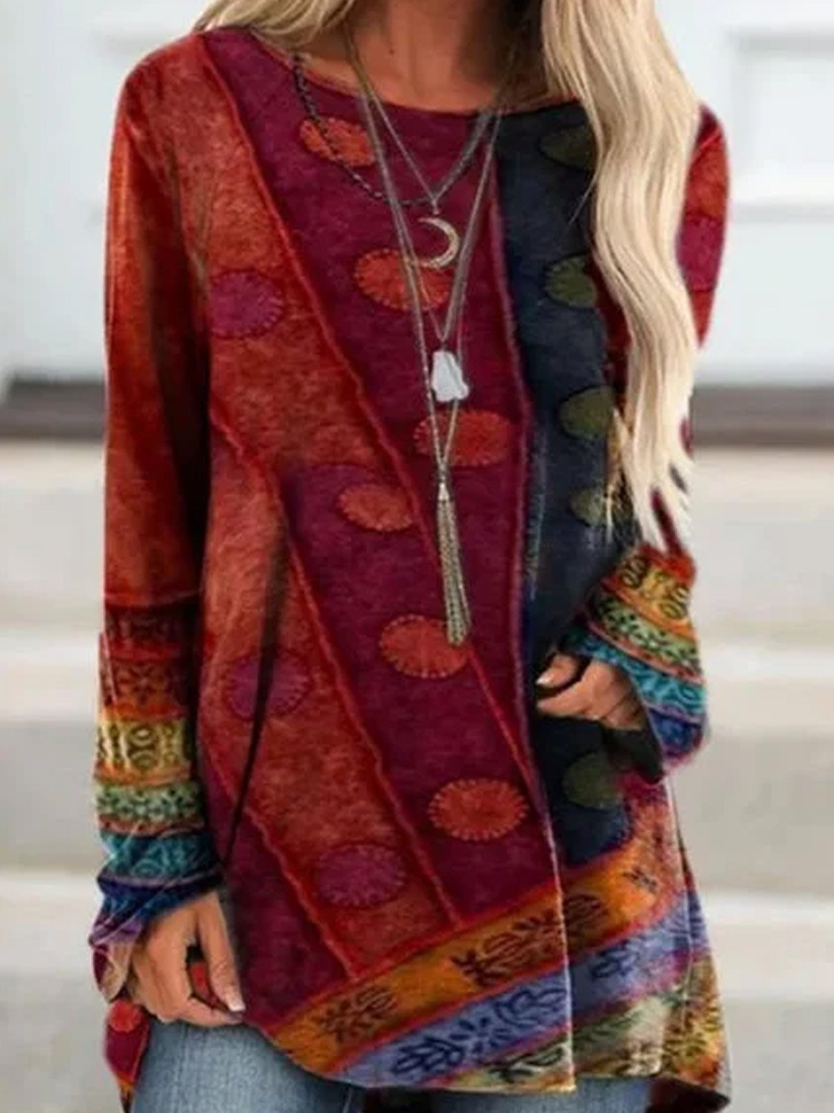 Long Sleeve Patchwork Round Neck Shirts & Tops
