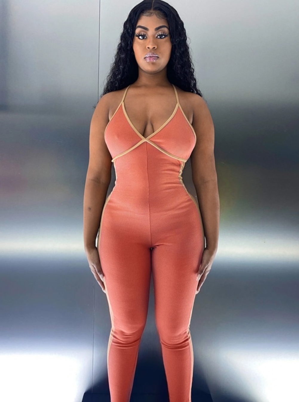 Sports Fitness Contrast Halter Jumpsuit