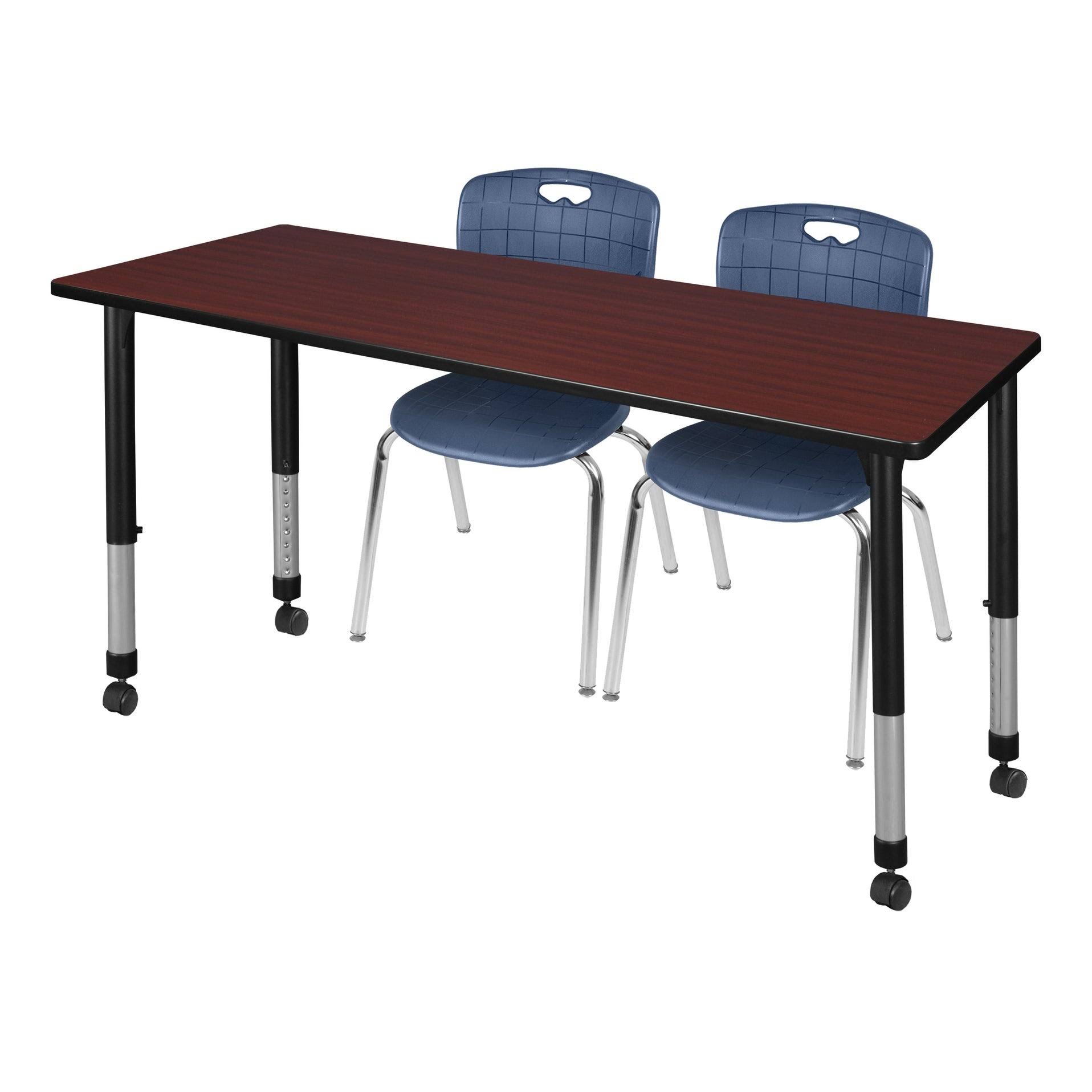 Regency Kee 60x22 x 30x22 Height Adjustable Mobile Classroom Table - Mahogany 2 Andy 18-in Stack Chairs- Navy Blue