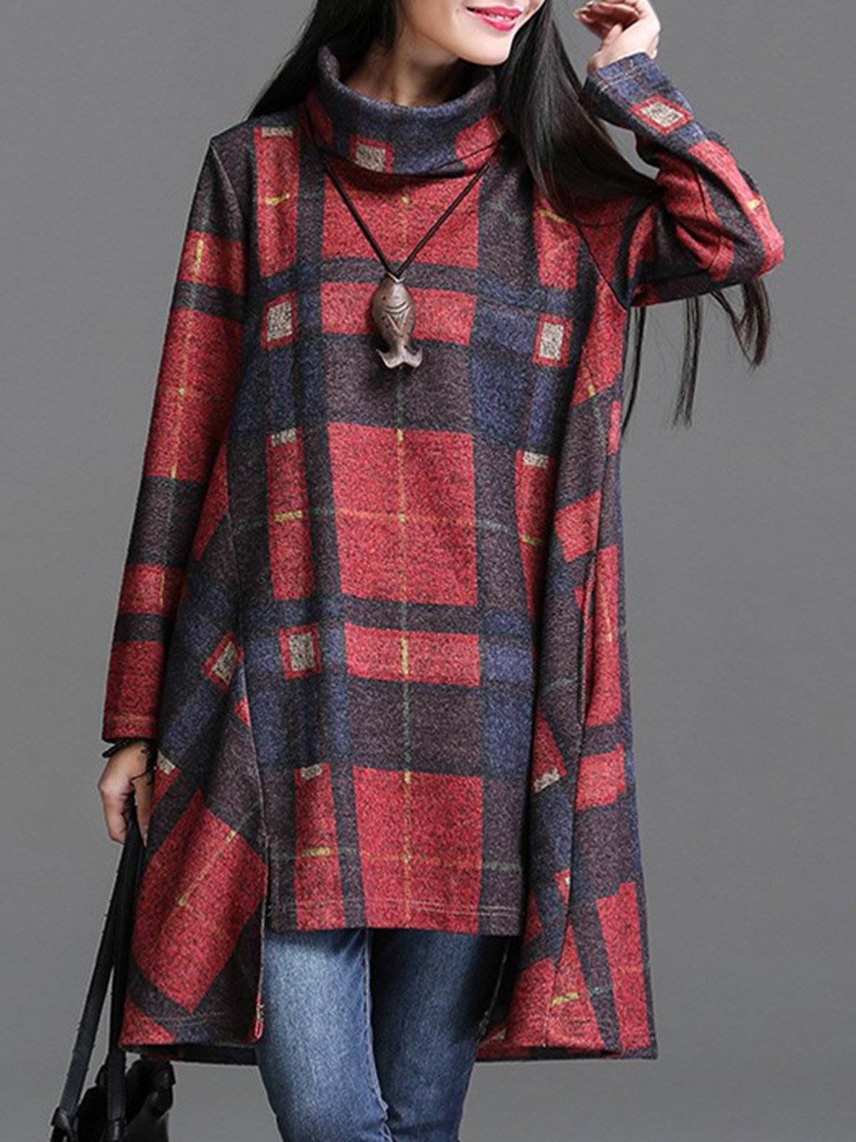 Multicolor Turtleneck Asymmetric Color-block Casual Dress