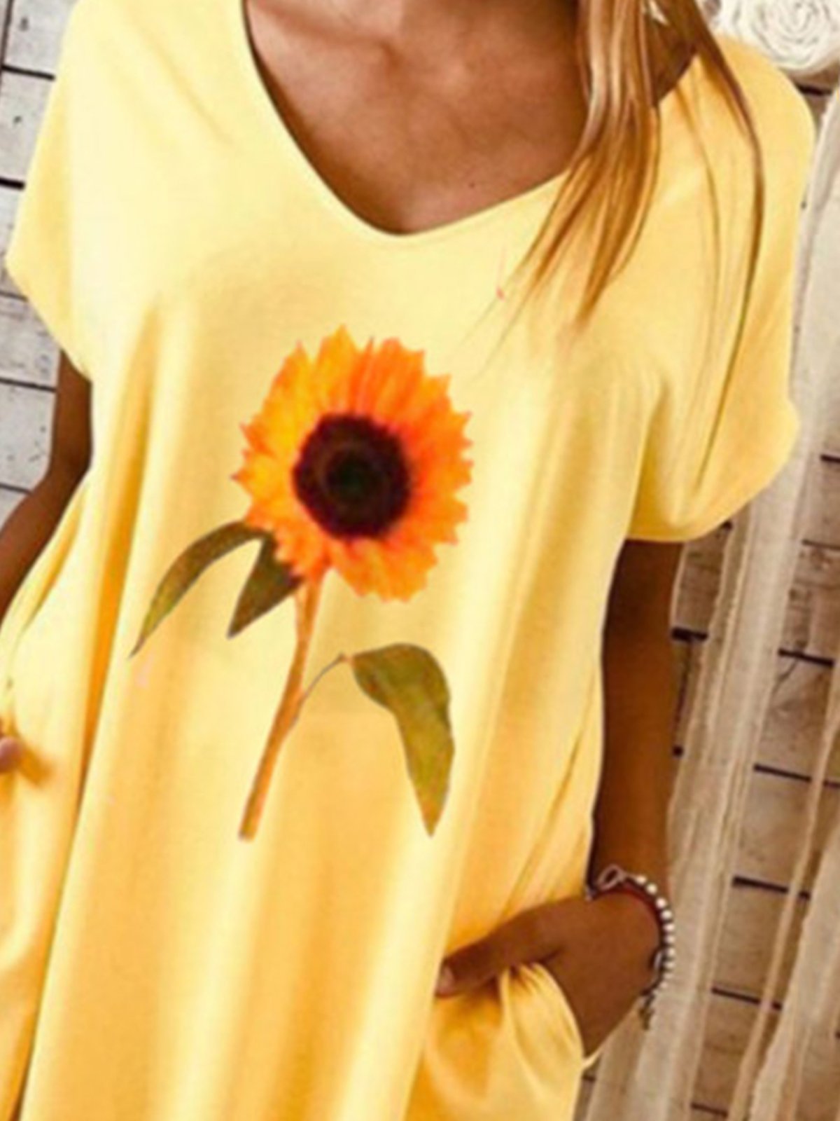 Yellow Floral Date Daily Casual V neck A-Line Short Sleeve Dresses