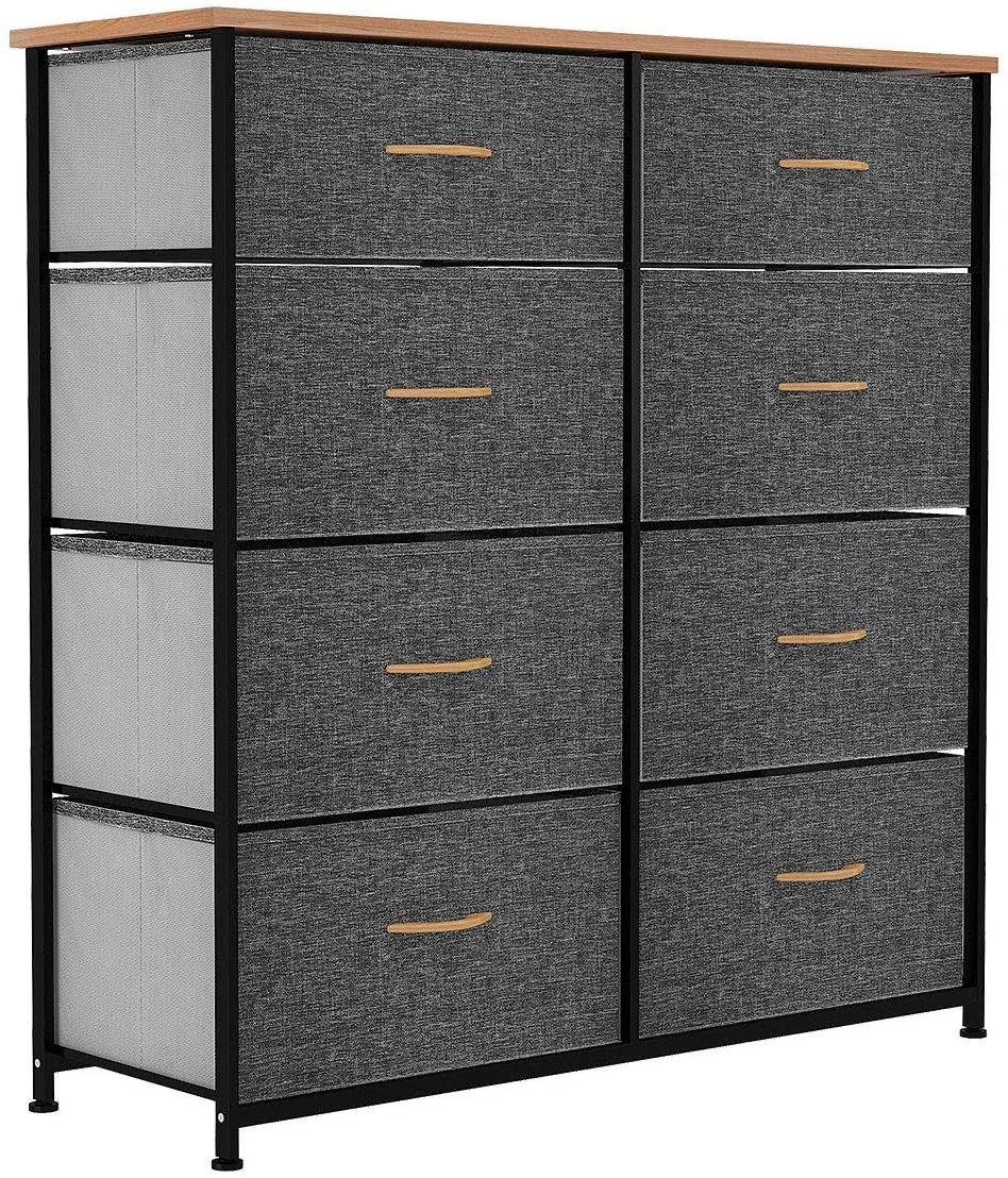 Bedroom, Living Room & Closets – Sturdy Steel Frame, Wooden Top & Easy Pull Fabric Bins (Dark Grey)