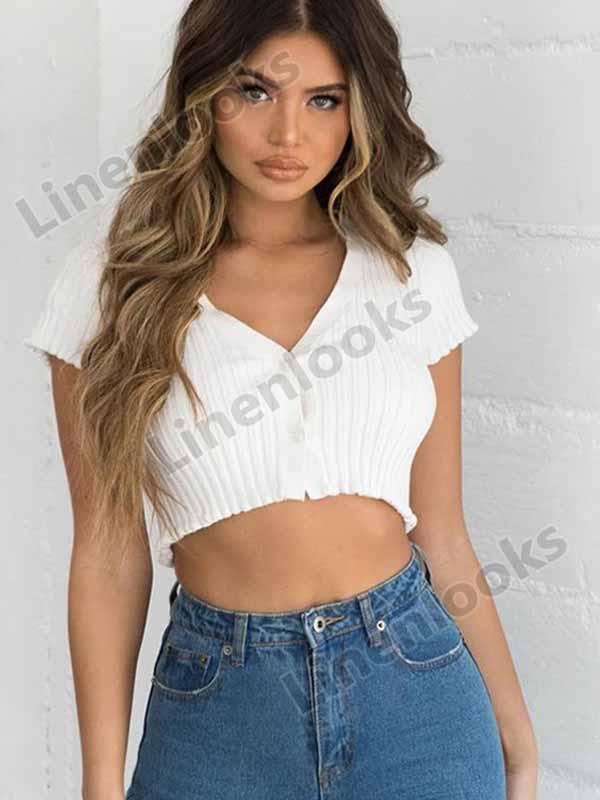 Short Sleeve V neck Button Short Tank Tops