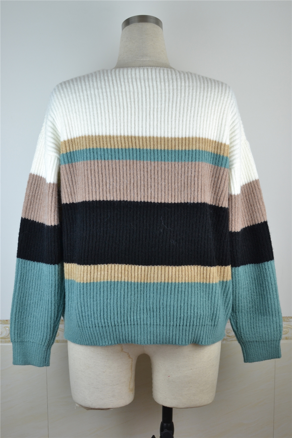 V Neck Striped Multi-Color Pullover Sweater