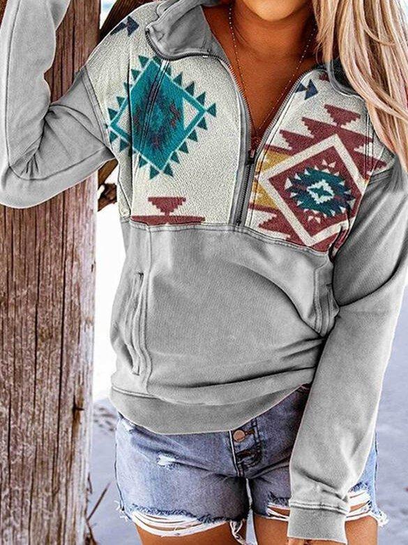 Long Sleeve V Neck Cotton-Blend Striped Sweatshirt