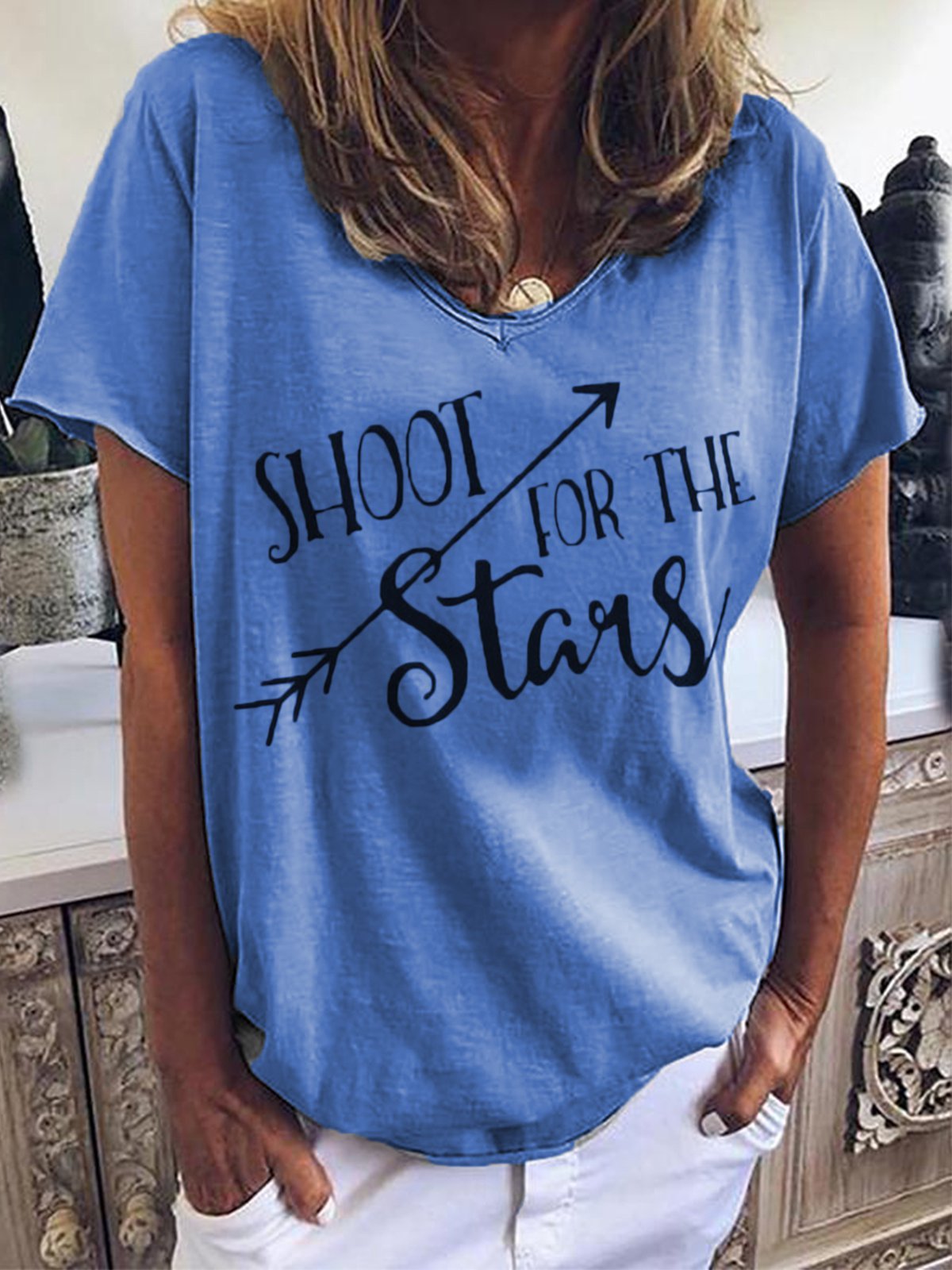 Round Neck Cotton-Blend Short Sleeve Printed Shirts & Tops