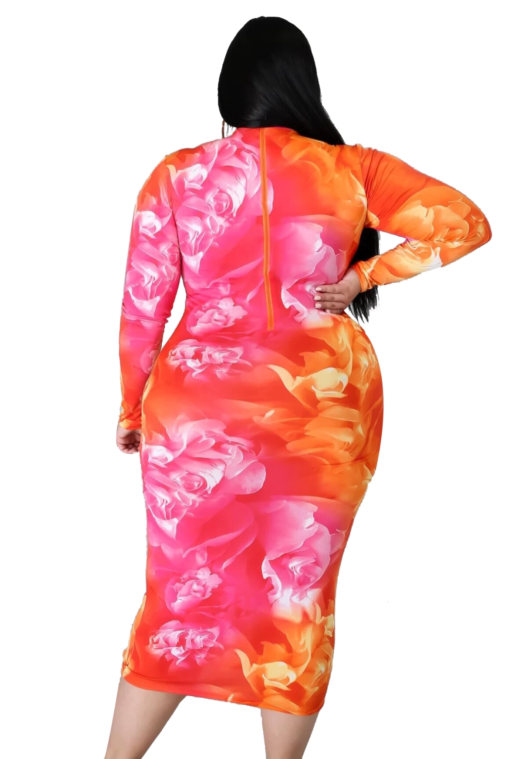 Plus Size Zipper Floral Midi Dress with Full Sleeves