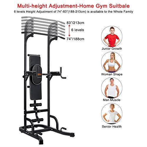 ONETWOFIT Multi-Function Power Tower with Sit Up Bench,Adjustable Height Pull Up Tower Heavy Duty Dip Station Fitness Equipment – Black