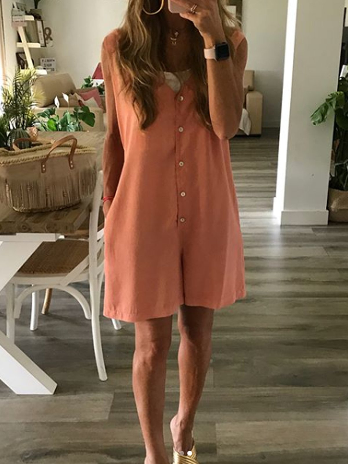 Holiday Buttoned Sleeveless Solid One-Pieces