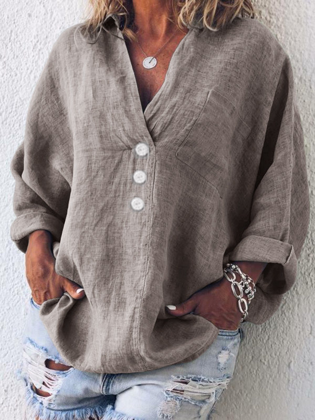 Cotton Linen Casual Buttoned Pockets Solid Long Sleeve Shirts & Blouses