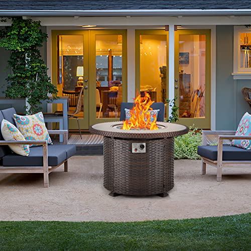 EROMMY Gas Fire Pit Table,38 Inch 50,000 BTU Round Propane Firepits with Lid and Fire Glass,CSA Certification,Add Warmth and Ambience to Gatherings and Parties on Patio Deck Garden Backyard,Brown