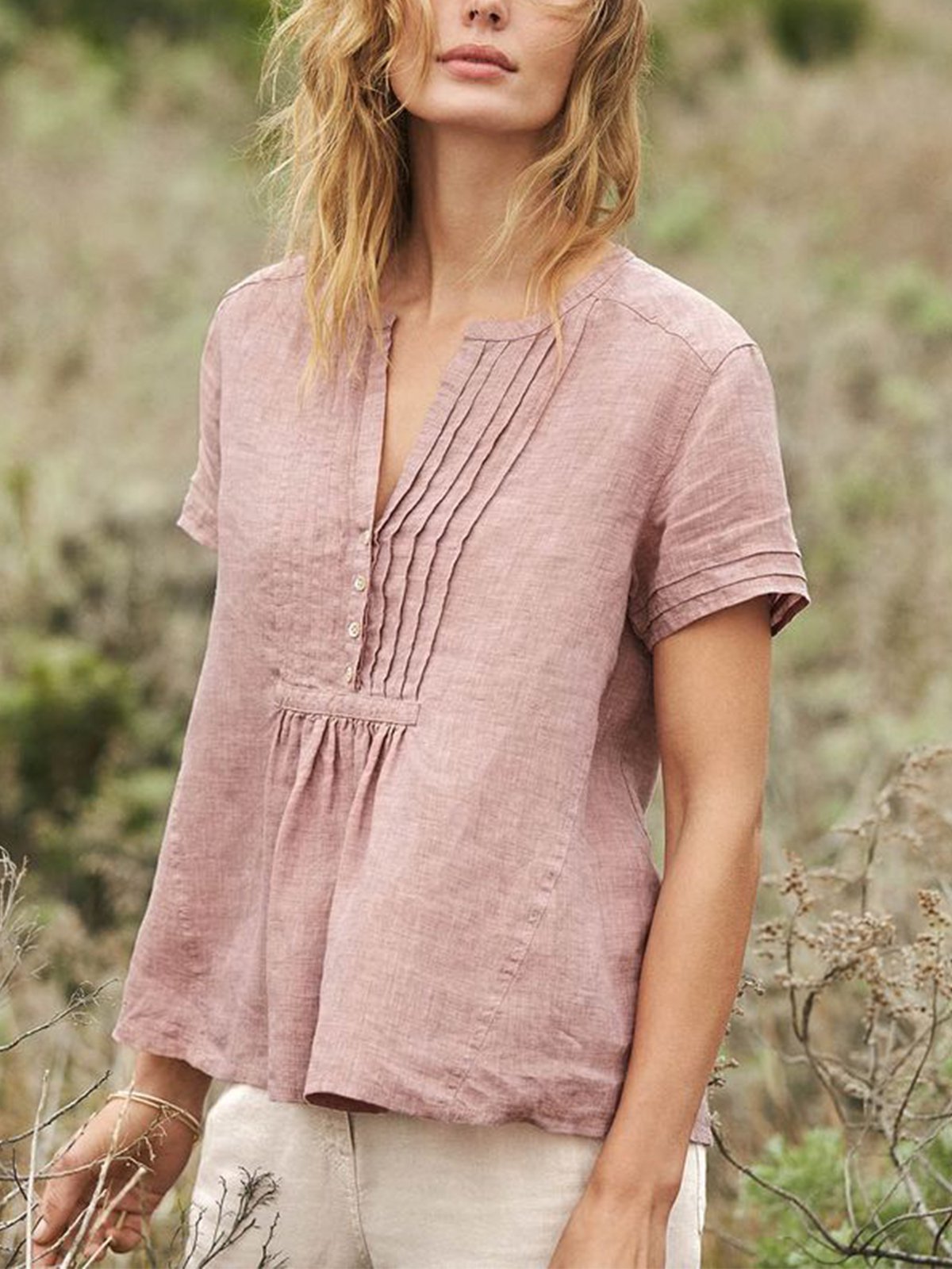 Cotton-Blend Short Sleeve Buttoned V Neck Shirts & Tops