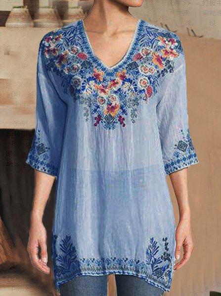 V Neck Casual Cotton-Blend Plain Shirts & Tops