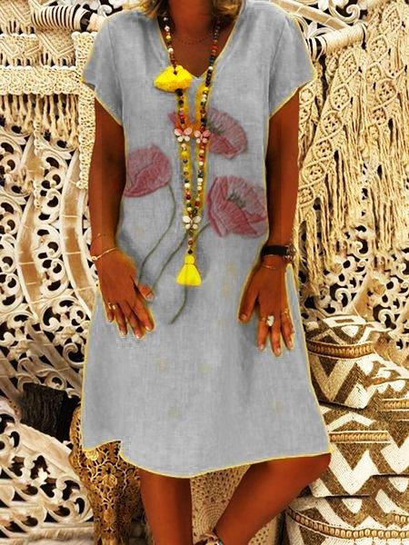 Short Sleeve Cotton-Blend Casual Embroidered Casual Dresses