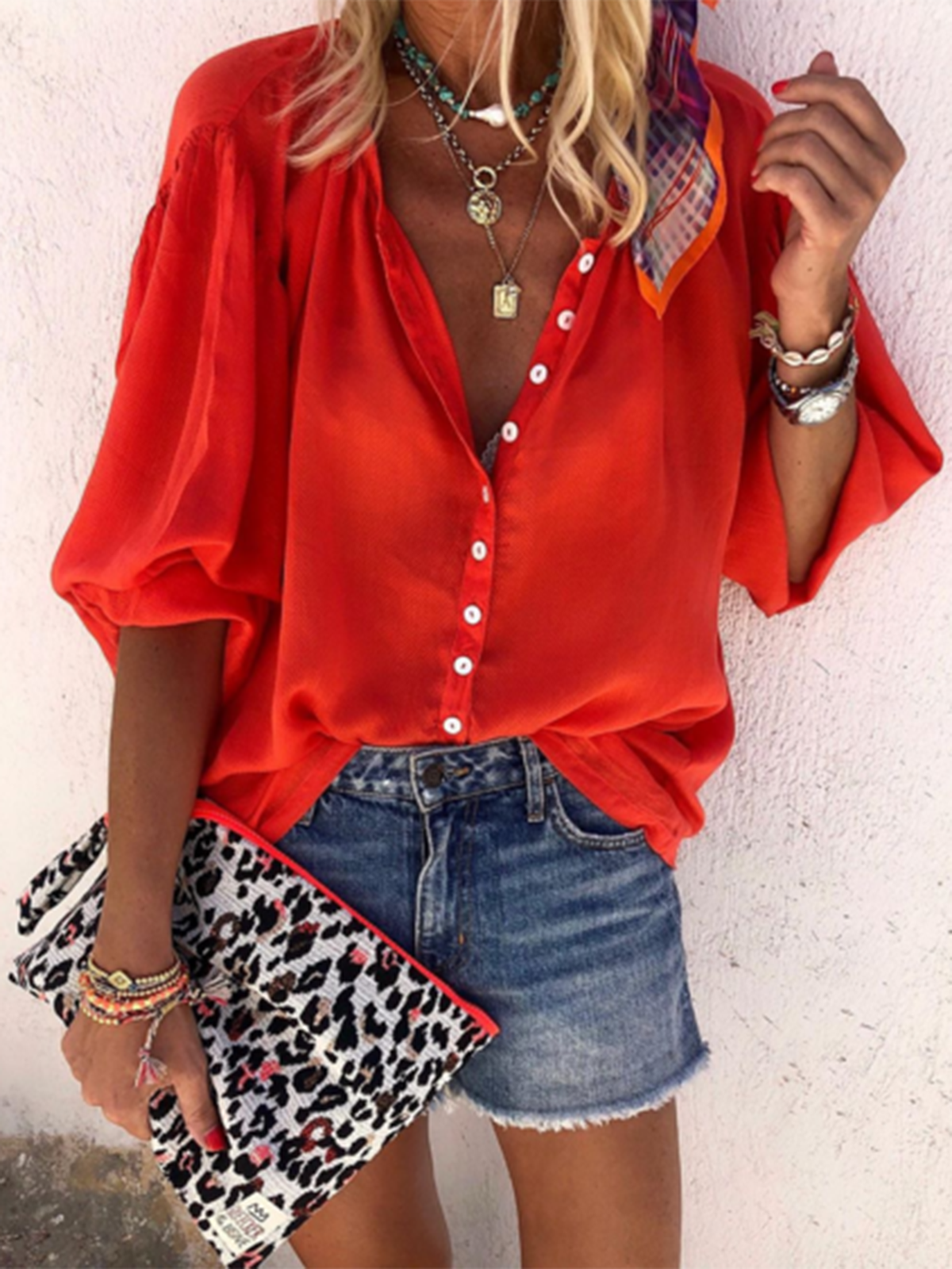 Plain V Neck Holiday Buttoned 3/4 Sleeve Blouse