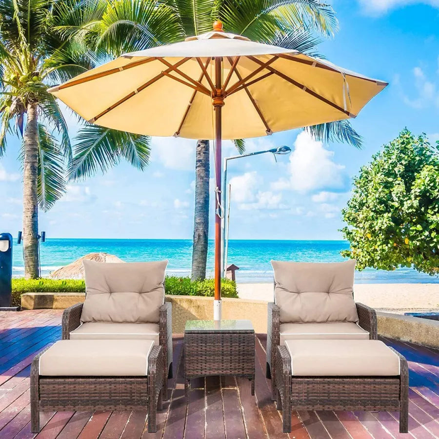 5 PIECE WICKER PATIO FURNITURE SET, CUSHIONED PATIO CHAIRS SET OF 2 W/OTTOMAN&TABLE