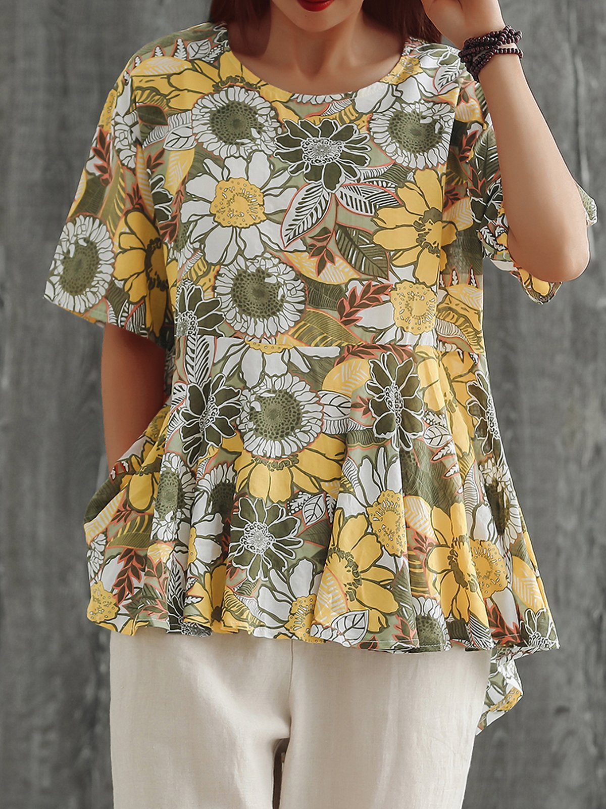Plus Size Women Loose Cotton And Linen Round Neck Short Sleeve Floral Casual Tops
