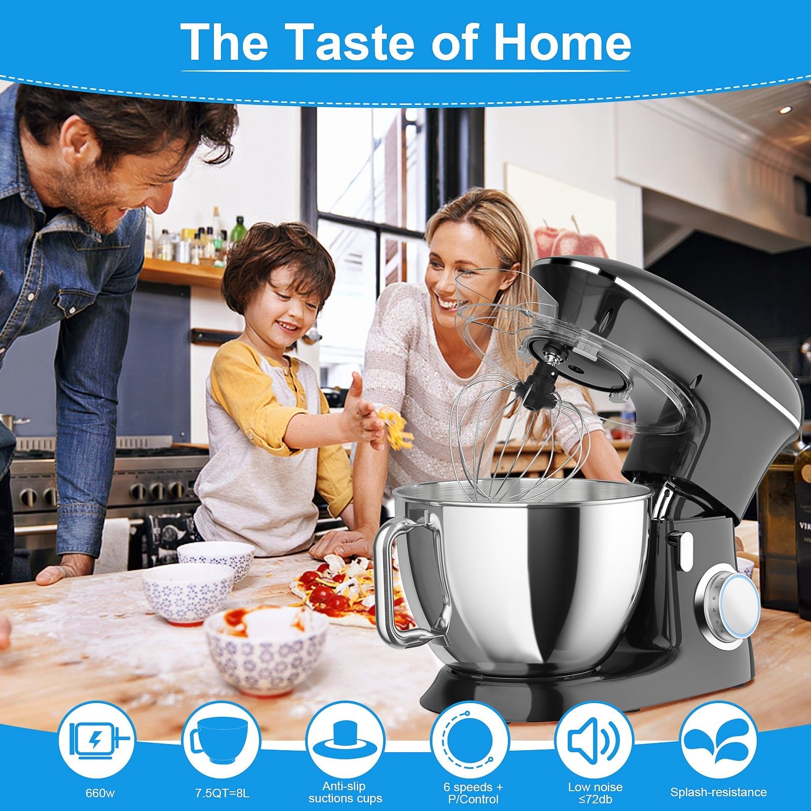 CWIIM Stand Mixer, 7.5 QT 660W 6 Speed Kitchen Mixer with Dough Hook Whisk Beater Splash Guard