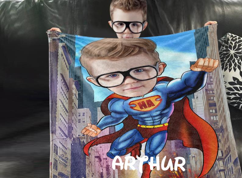 Personalized Hand-Drawing Kid's Photo Portrait Fleece Blanket VII