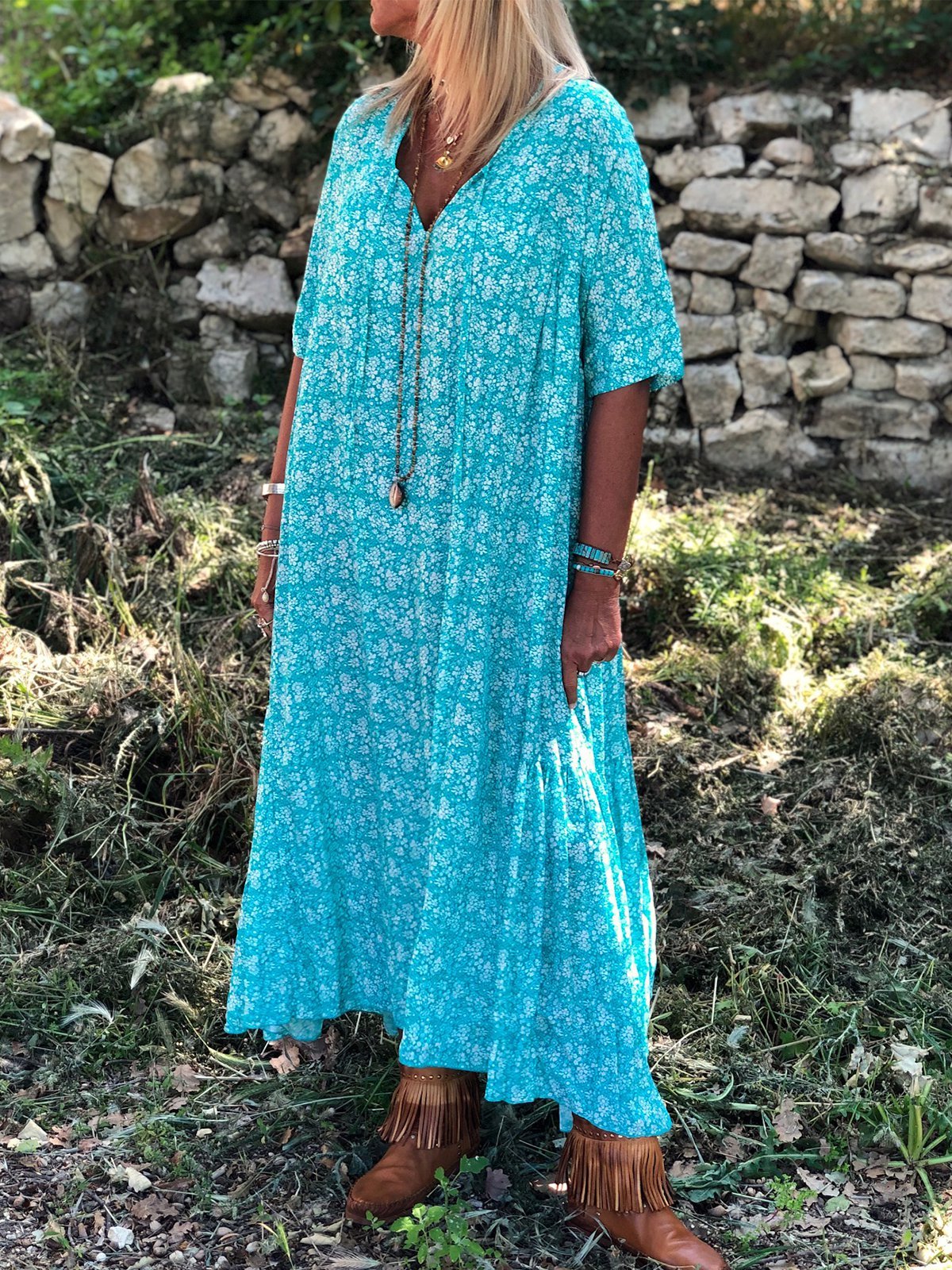 Short Sleeve Floral V Neck Floral-Print Dresses