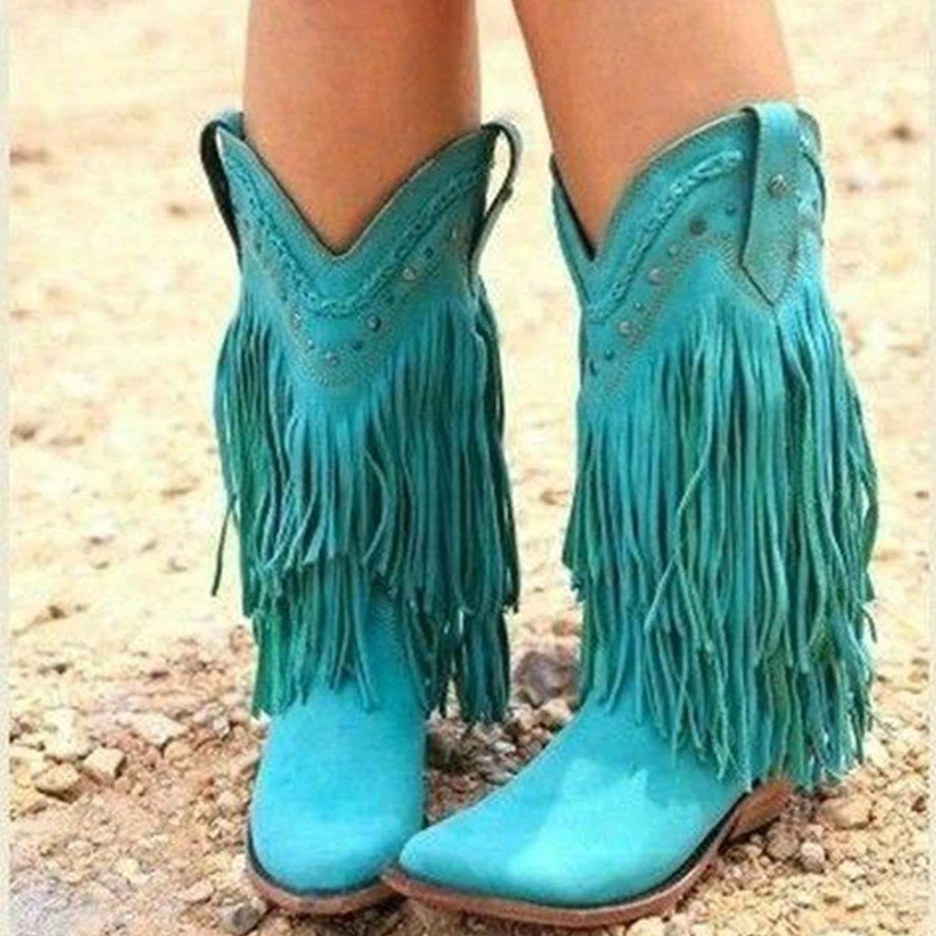 Plus Size Tassel Vintage Leather Chunky Heel Cowboy Boots