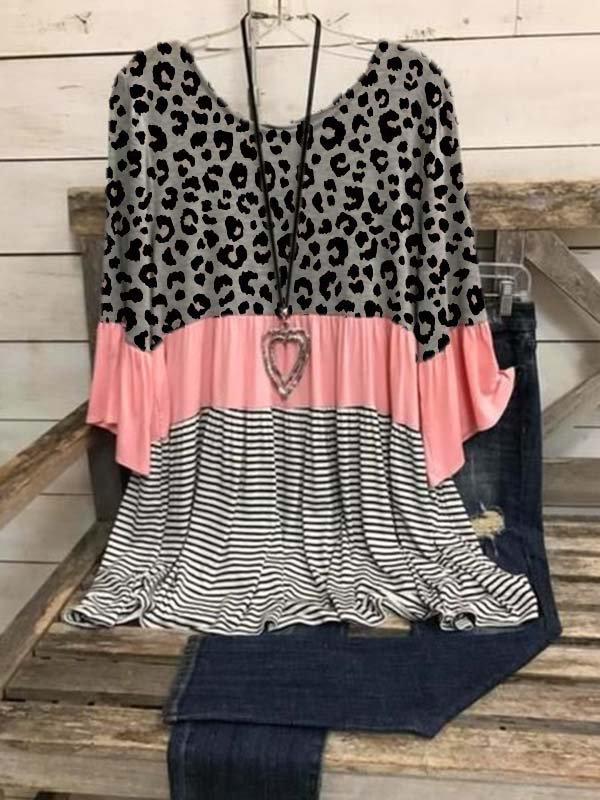 3/4 Sleeve Cotton-Blend Leopard-Print Crew Neck Shirts & Tops