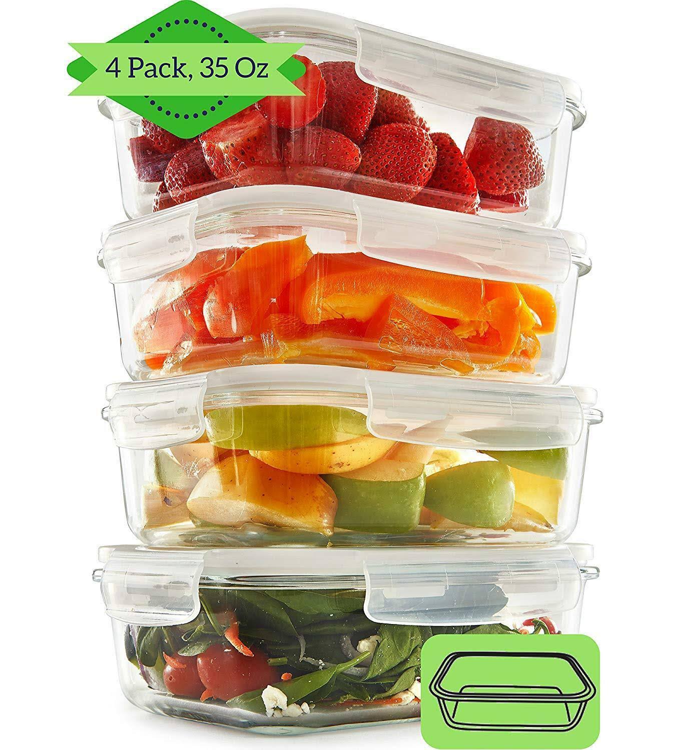 Glass Meal Prep Containers - 4-Pack 3 Compartment Food Storage Containers, 35 oz. Includes