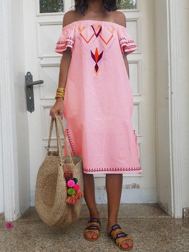 Cotton-Blend Short Sleeve Off Shoulder Dresses