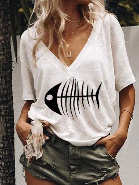 Fish Printed Casual V Neck Shirts