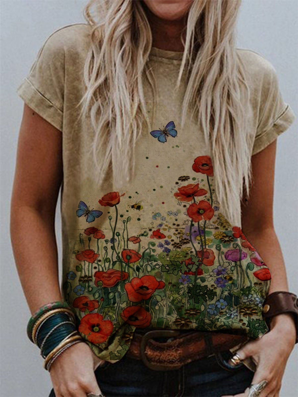 Khaki Short Sleeve Cotton-Blend Casual Shirts & Tops