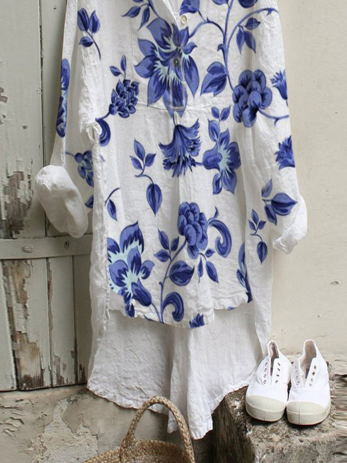 White Cotton-Blend Casual Floral Shirts & Tops
