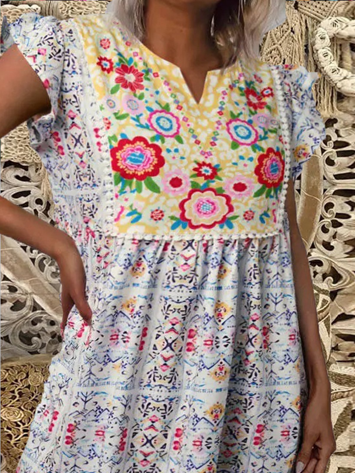Casual Short Sleeve V Neck Floral Dresses