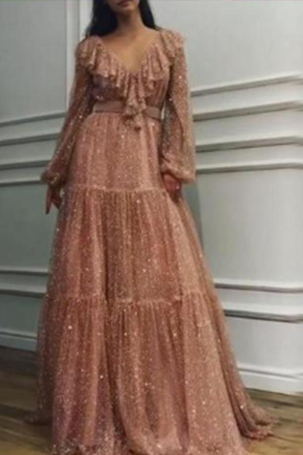 Fashion Sexy V Neck Sequins Evening Party Maxi Dresses