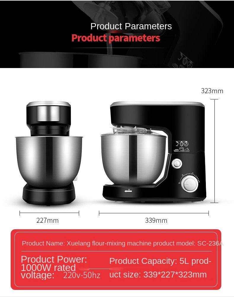 1000W High Power Stand Mixer Stainless Steel Bowl 6-speed Kitchen Food Blender