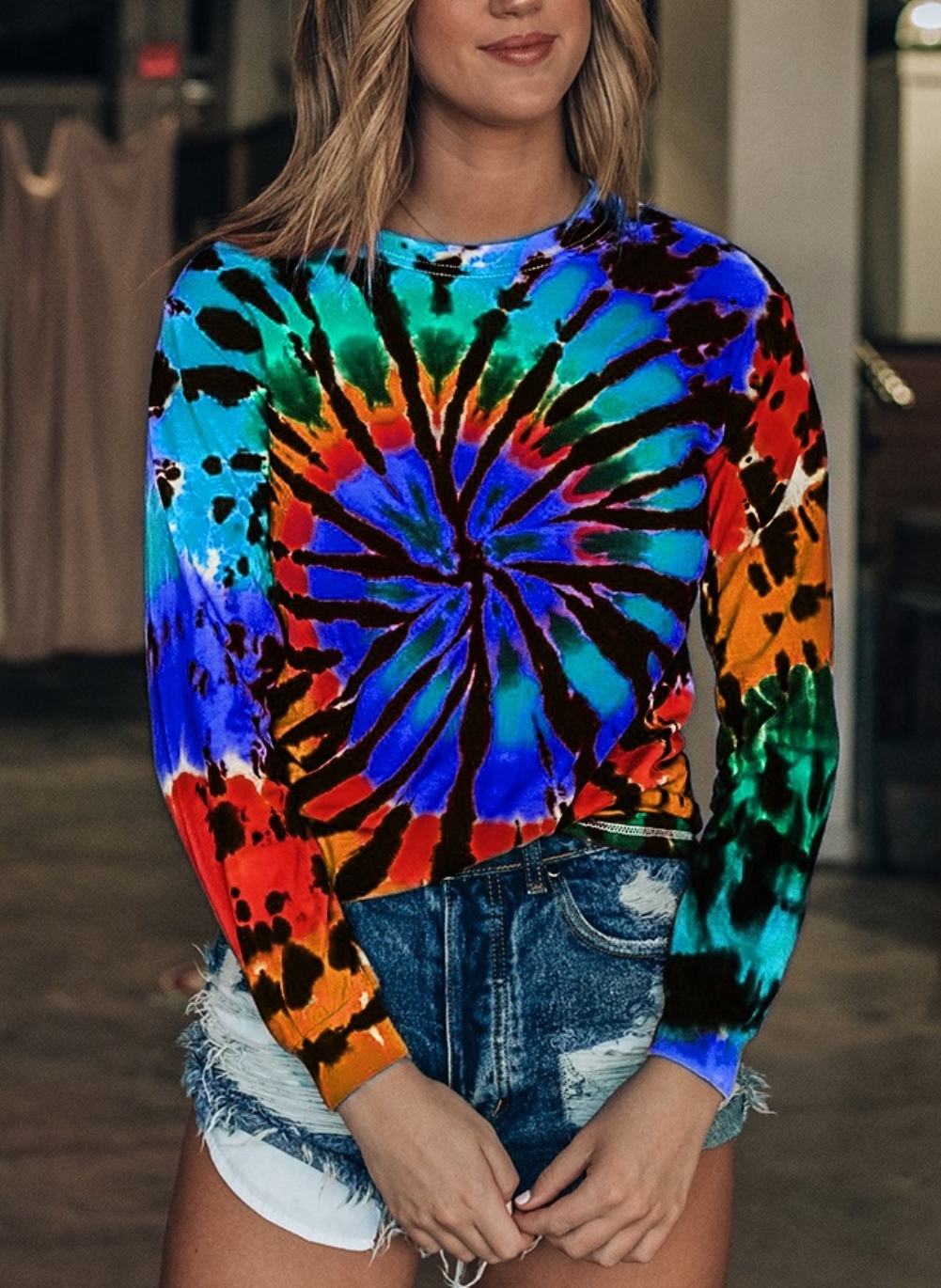 Fall Tie Dye O Neck Shirt with Full Sleeves