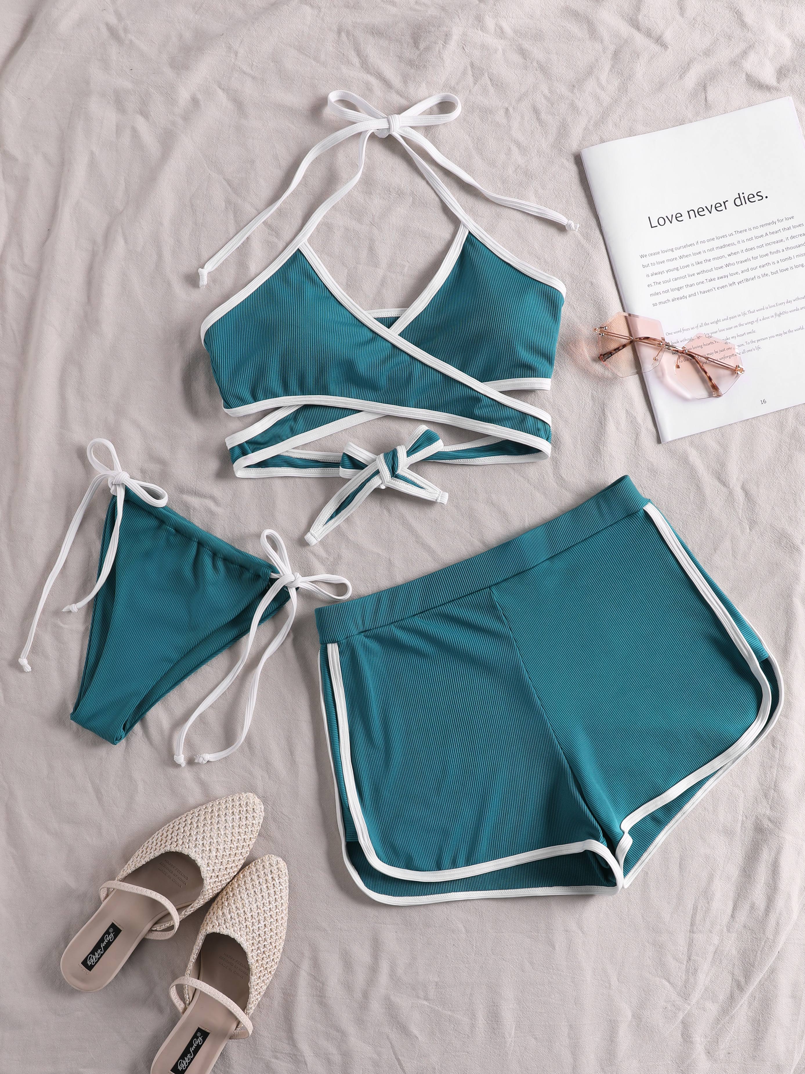 Contrast Hem Three Piece Halter Bikini Swimsuit