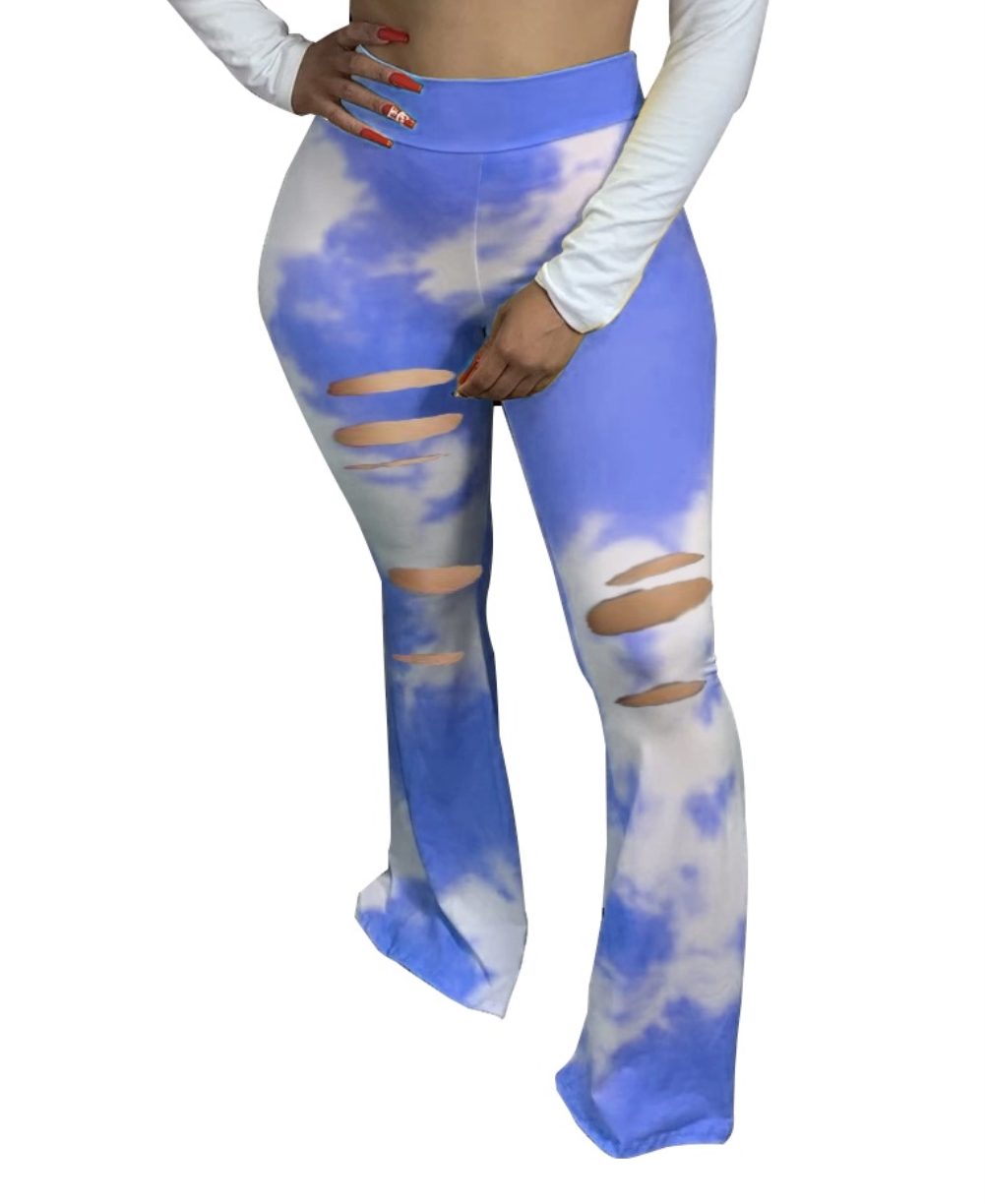 Bell Bottom Tie Dye High Waist Rip Trousers