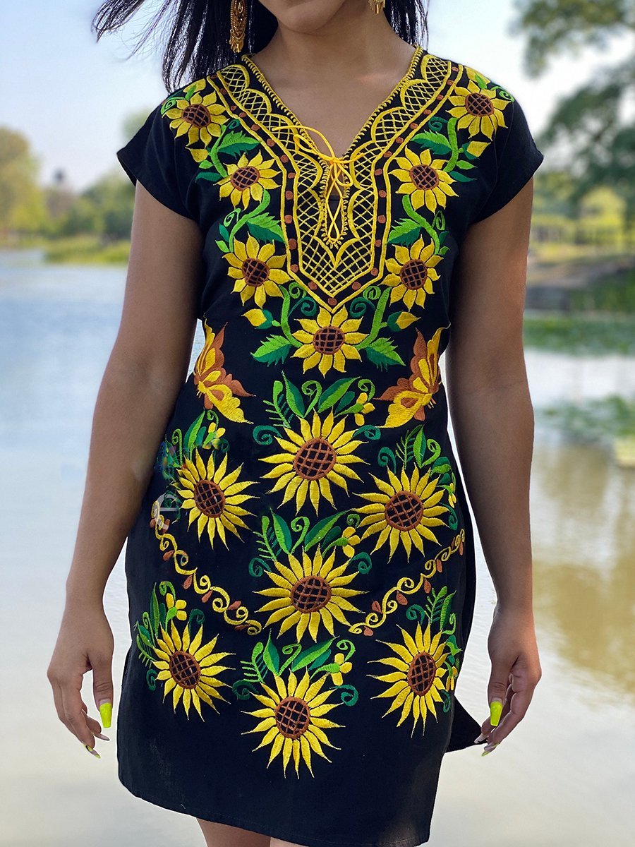 Short Sleeve Floral-Print Tribal Dresses