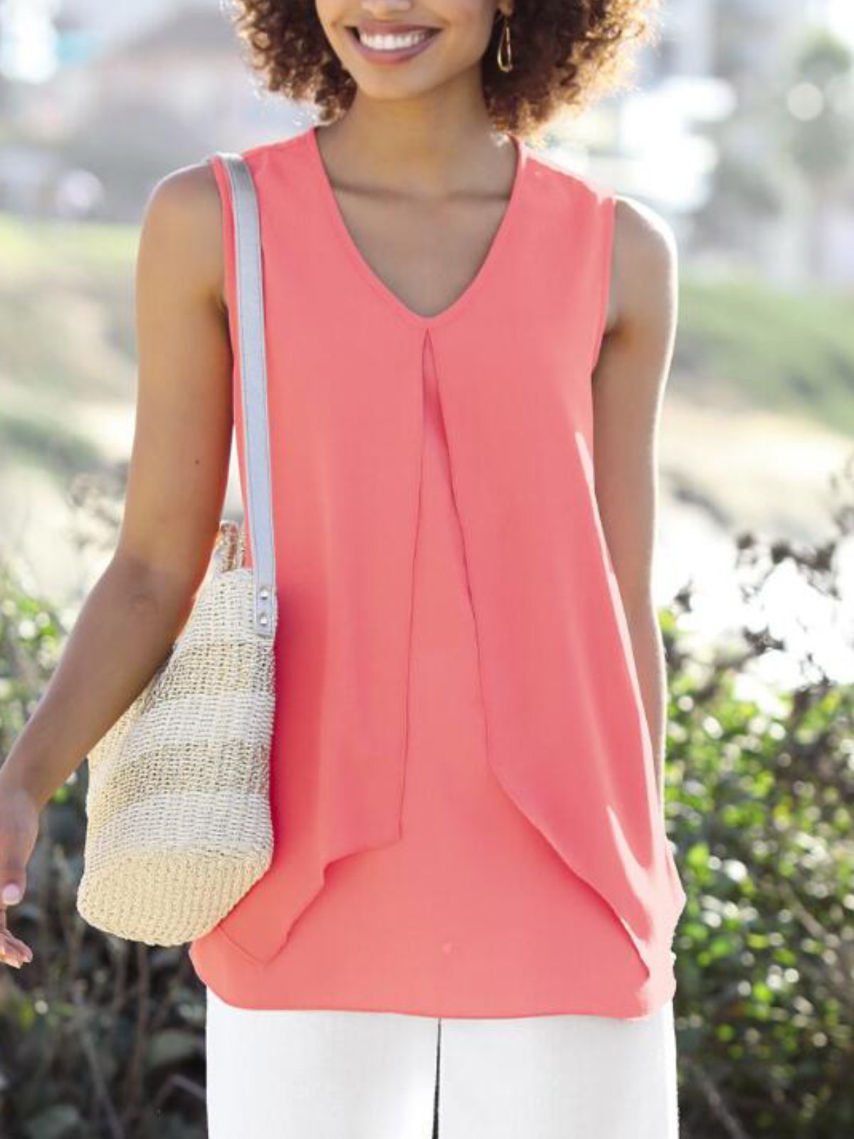 Casual V Neck Solid Shirts & Tops